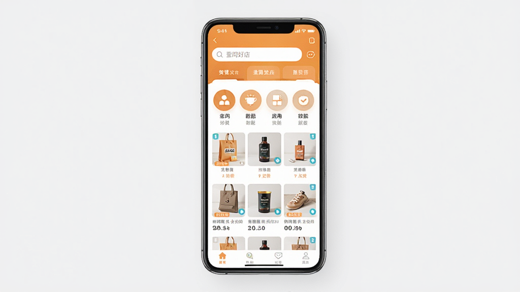 一张展示壹间好店软件主界面的手机应用预览图,画面中央是一部现代智能手机,屏幕内显示壹间好店APP的首页布局,包含顶部搜索栏、中部功能分类图标和底部商品推荐列表,界面配色以暖橙色与白色为主,风格简洁清新,背景为干净的浅灰色纯色,画质清晰,无多余元素