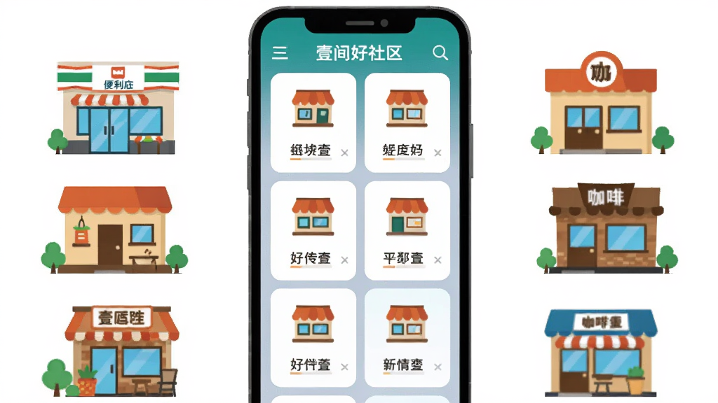 一幅展示壹间好店社区商户聚合功能的插画,画面主体为手机屏幕中呈现多个店铺卡片排列的界面,每个卡片上有店铺图标和名称,手机周围环绕着便利店、餐厅、咖啡店等小型建筑图标,布局居中对称,风格扁平化插画,细节简洁明快,画质干净,无多余元素