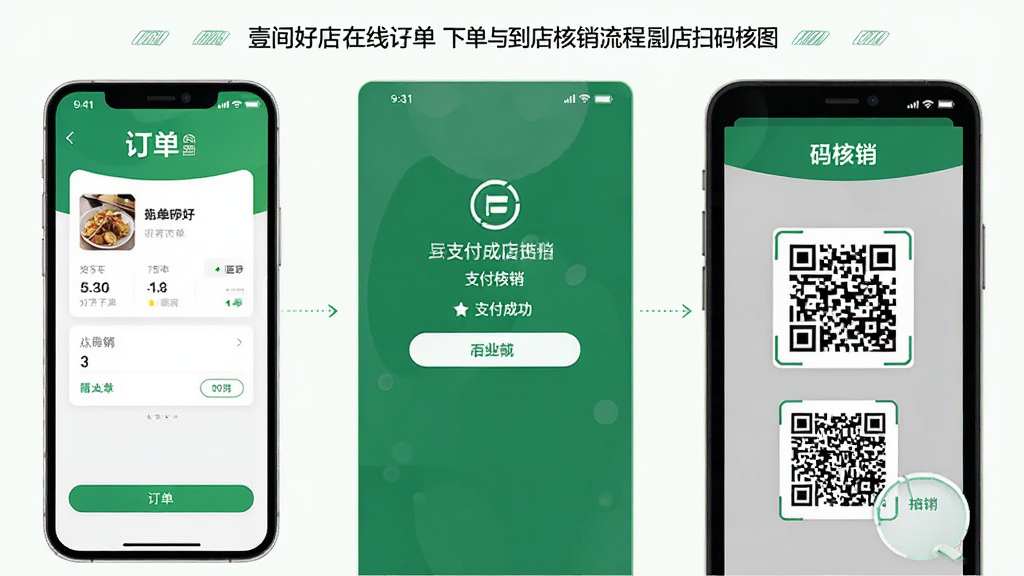 一张展示壹间好店在线下单与到店核销流程的示意图,画面从左到右依次为手机下单界面、支付成功页面和到店扫码核销场景,布局横向排列,风格现代简约,细节包含订单卡片和二维码元素,画质清晰,干净整洁,无多余元素