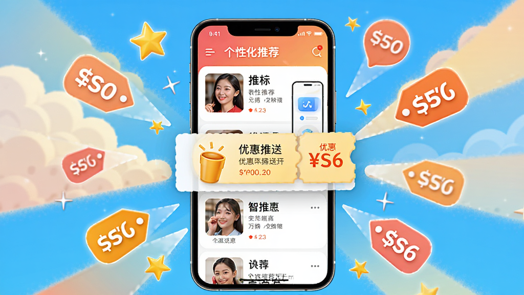 一幅表现壹间好店智能推荐与优惠推送功能的画面,主体为手机屏幕显示个性化推荐列表和优惠券弹窗,周围点缀星星和折扣标签图标,布局以手机为中心向外辐射,风格活泼明快,细节丰富但不杂乱,画质干净,无多余元素