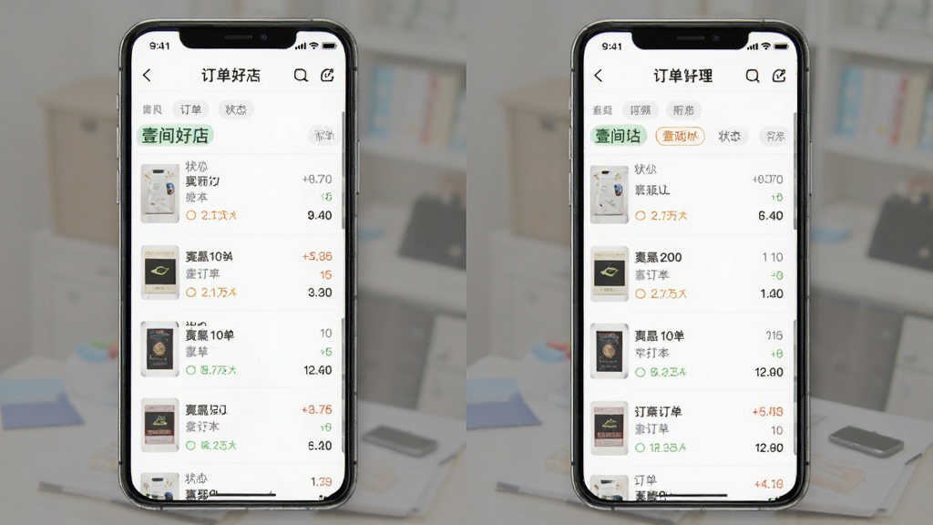 一张展示壹间好店订单管理界面的手机截图风格图片,画面中手机屏幕显示订单列表,包含不同状态的订单标签和商品缩略图,布局整齐有序,风格清爽商务,细节突出列表项和状态标识,画质清晰,无多余元素