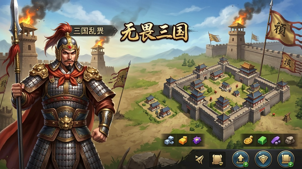 一张以三国乱世为背景的手机游戏宣传图,画面中央是“无畏三国”游戏主界面,左侧展示一名身披铠甲手持长枪的武将,右侧是城池领地俯瞰图,背景有烽火台与战旗飘扬,整体布局为竖版手机屏幕比例,风格为写实国风卡牌策略游戏,细节包含武将立绘、领地建筑、资源图标与底部功能按钮,画质清晰,色彩饱满,干净无多余元素