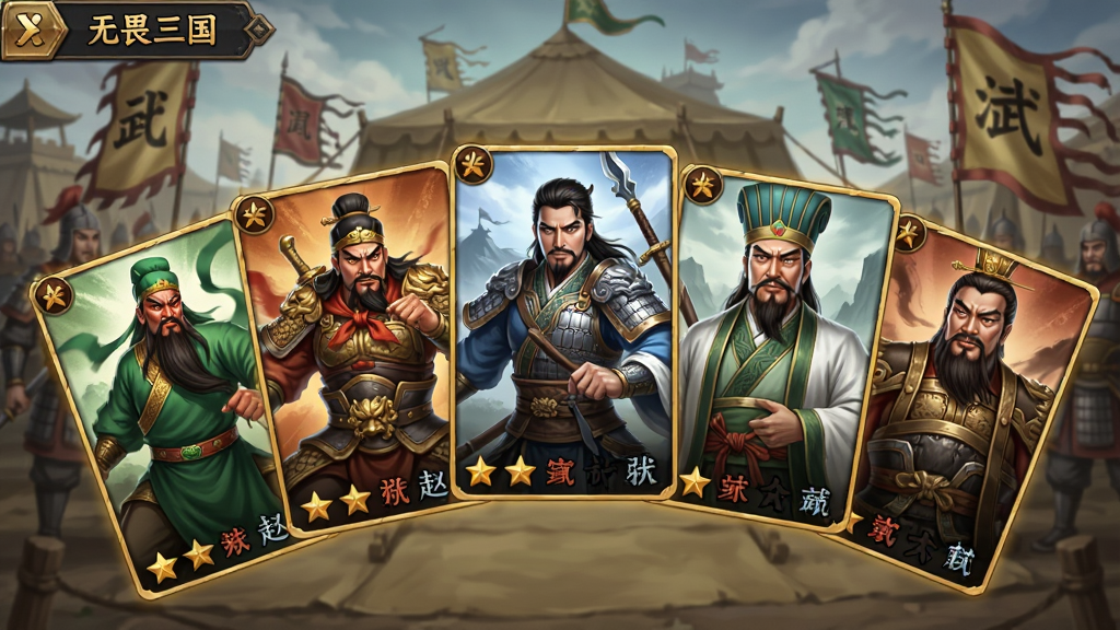 一张三国卡牌手游的武将招募界面图,画面中展示“无畏三国”的武将卡池,五张武将卡牌呈扇形排列,卡面分别绘制关羽、张飞、赵云、诸葛亮、曹操等三国名将,卡牌下方有星级与阵营标识,背景为古代军帐与战旗,整体风格为精致国风卡牌立绘,细节丰富,画质高清,干净整洁