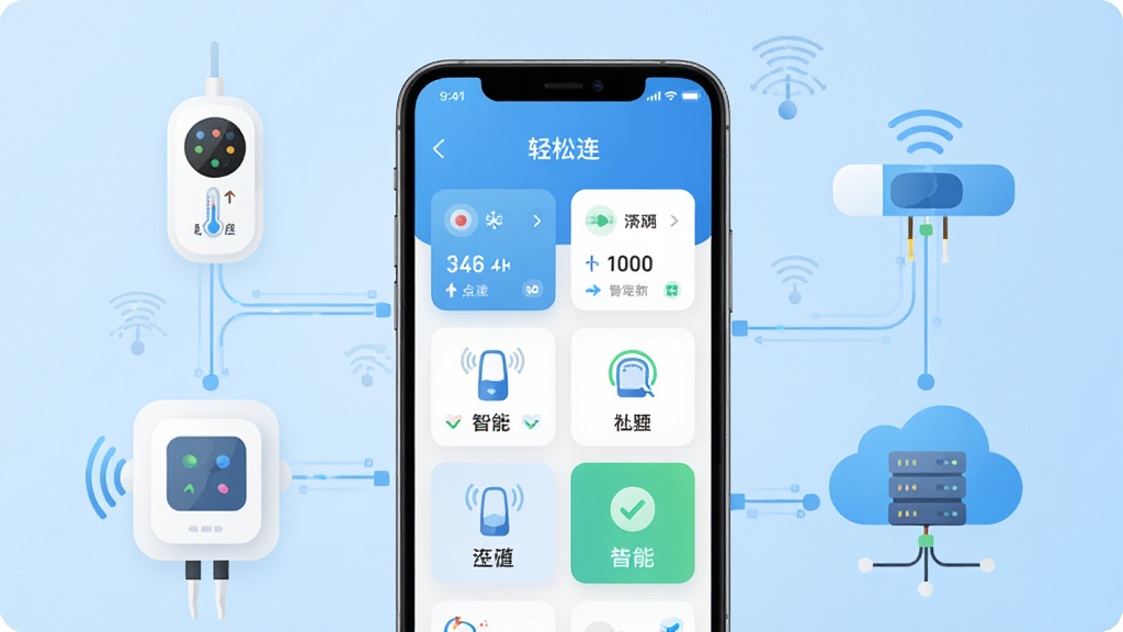 画面中央展示一部智能手机,屏幕上打开着名为“轻松连”的应用程序界面,界面中显示多个传感器数据卡片与设备状态图标,手机周围环绕着温湿度传感器、智能网关、云端服务器等物联网元素,整体采用扁平化科技风格,背景为浅蓝色渐变,画面干净整洁,文字清晰可辨,4K高分辨率,无多余装饰元素。