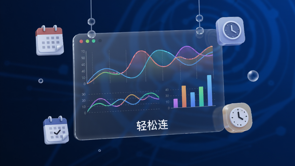 画面中央是一块悬浮的半透明数据面板,面板上显示着多条彩色曲线图与柱状图,图表下方有“轻松连”字样,面板周围漂浮着日历图标与时钟图标,背景为深蓝色科技感渐变,整体风格简洁现代,画质细腻,无多余文字与装饰。