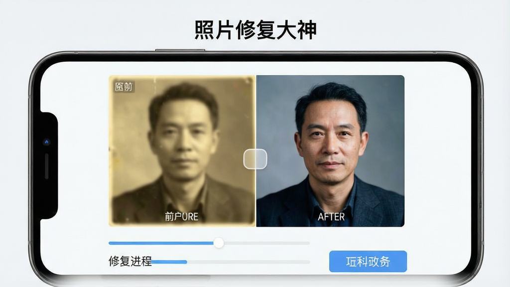 一张手机屏幕展示照片修复大神软件界面,画面中央是修复前后的对比图,左侧为模糊泛黄老照片,右侧为清晰彩色修复效果,顶部有软件名称“照片修复大神”文字,背景为浅色简洁布局,风格为科技感UI展示图,细节包含修复进度条与功能按钮,画质清晰,干净,无多余元素