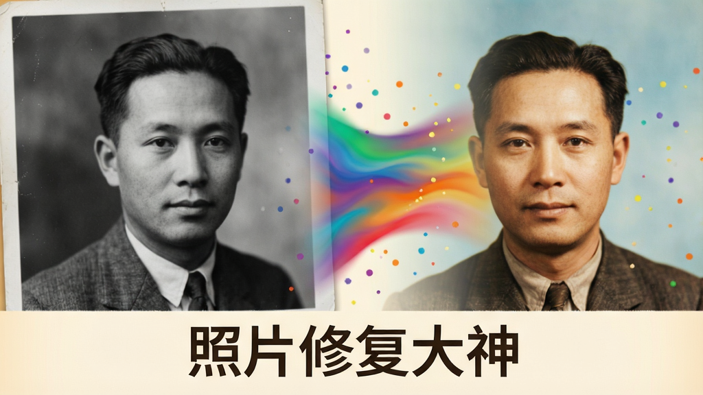 一张黑白老照片正在被上色的动态效果图,画面左侧为黑白人像照片,右侧逐渐变为彩色,中间有色彩流动的过渡带,画面底部有“照片修复大神”文字,布局为左右对比,风格为温馨怀旧色调,细节包含色彩粒子飘散效果,画质清晰,干净,无多余元素