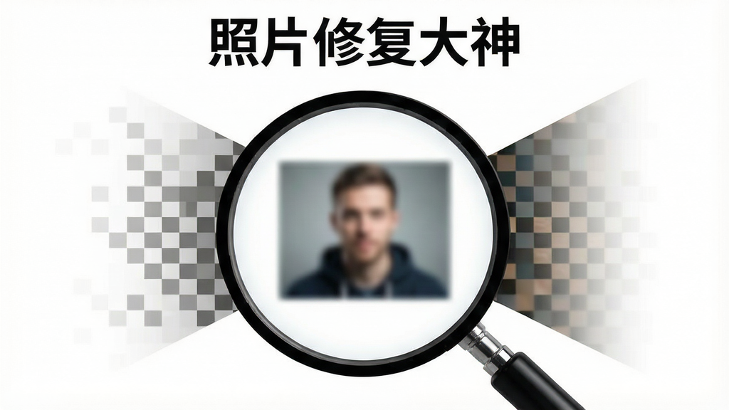 一张低分辨率照片被放大增强的示意图,画面中央为一张小尺寸模糊照片正在被放大镜效果处理,放大后的区域显示清晰细节,顶部有“照片修复大神”文字,布局为居中放射状,风格为简约科技白底,细节包含像素块到清晰图像的渐变过渡,画质高清,干净,无多余元素