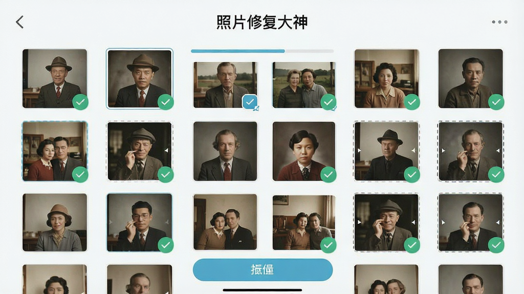 一张手机相册界面展示多张老照片被同时选中并批量修复的示意图,画面包含网格排列的照片缩略图与进度条,顶部有“照片修复大神”文字,布局为网格状,风格为清爽浅色UI,细节包含修复完成的对勾标记与批量操作按钮,画质清晰,干净,无多余元素