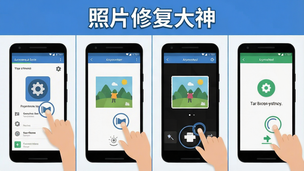 一张安卓手机操作照片修复大神的步骤示意图,画面展示手机屏幕从打开软件到选择照片、点击修复、保存成功的四个分步界面,顶部有“照片修复大神”文字,布局为横向四格分镜,风格为扁平化教程插画,细节包含手指点击图标与进度提示,画质清晰,干净,无多余元素