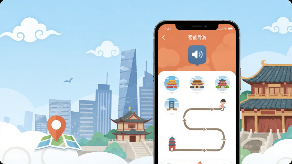 画面主体是一部智能手机,屏幕显示西游兔APP的智能导游界面,背景是融合了现代城市与古典建筑元素的旅游场景,布局采用三分法构图,手机位于画面中央偏右,左侧留白处点缀祥云与地图定位图标,排版简洁大气,风格为扁平化插画风,细节包括手机屏幕上的语音波纹图标、景点地标小图标、路线轨迹线,画质清晰,干净,无多余元素