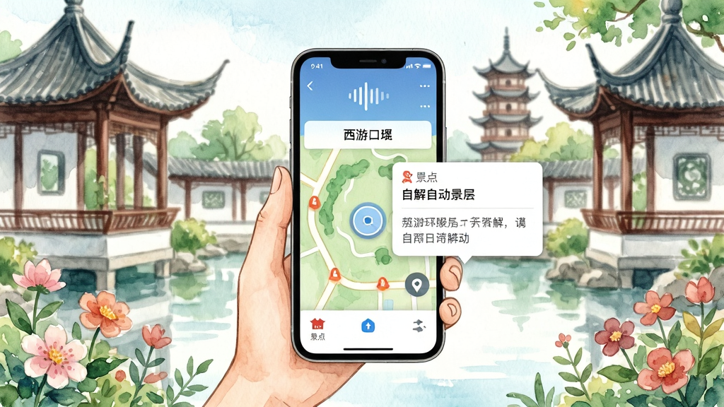 画面主体是一位游客手持手机站在古典园林中,手机屏幕显示西游兔APP的地图界面与自动弹出的讲解卡片,布局采用中心对称构图,游客位于画面中央,前景有花草点缀,背景是亭台楼阁,排版突出手机屏幕内容,风格为清新水彩插画风,细节包括手机屏幕上的声波图标、景点名称标签、定位光标,画质清晰,干净,无多余元素