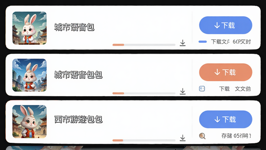 画面主体是西游兔APP的离线下载管理界面,展示多个城市语音包的下载进度与已下载状态,布局采用列表式排版,左侧为城市缩略图与名称,右侧为下载按钮与文件大小,风格为现代简约科技风,细节包括进度条、下载箭头图标、存储空间提示,画质清晰,干净,无多余元素