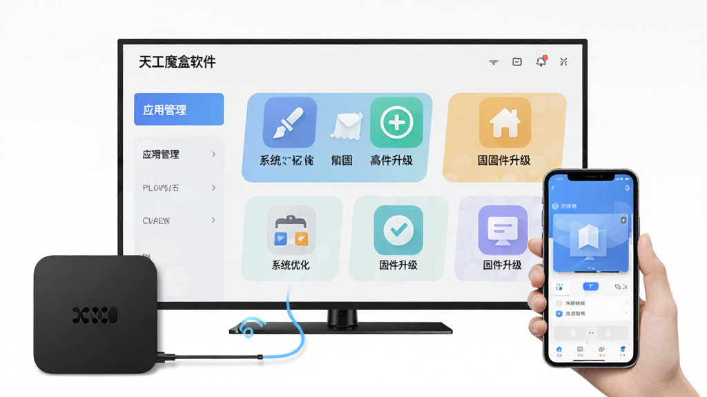 一张展示天工魔盒软件界面的预览图,画面中央是软件主界面,包含应用管理、系统优化、固件升级等功能模块图标,布局清晰,排版整齐,风格为现代科技感扁平化设计,细节上体现电视盒子与手机连接的元素,整体画质高清,画面干净,无多余元素