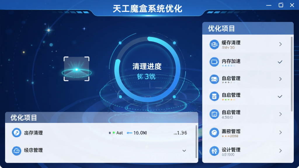 天工魔盒系统优化界面展示图,画面中央是清理进度环与优化项目列表,包含缓存清理、内存加速、自启管理等条目,布局为上下结构,风格为清爽的科技蓝配色,细节有扫描动画与数值变化,画质高清,画面干净,无多余元素