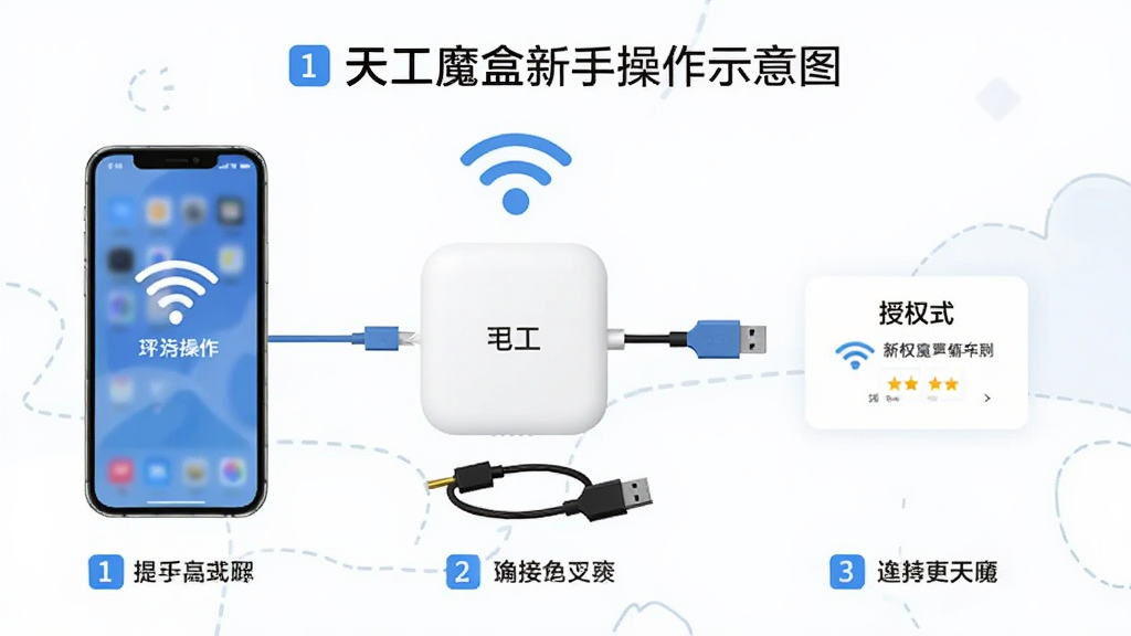 天工魔盒新手操作示意图,画面中展示手机与电视盒子的连接步骤,包含WiFi图标、USB线、授权弹窗等元素,布局为流程图形式,风格为简洁明快的教学插画,细节有步骤编号与提示文字,画质清晰,画面干净,无多余元素