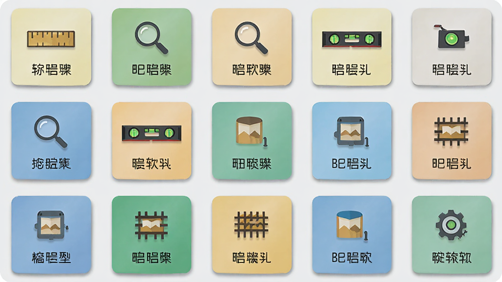 长勺软件的功能模块展示图,画面中一个个功能卡片整齐排列,有尺子、放大镜、水平仪等图标,每个卡片上写着对应的功能名称,背景是浅灰色,布局采用网格排版,风格扁平化,细节上卡片带有轻微阴影,画质清晰干净,无多余元素