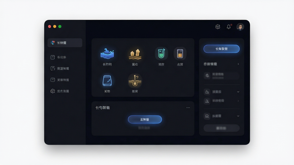 长勺软件深色模式界面展示,画面中深色背景上亮色图标清晰可见,布局简洁,风格现代,细节上按钮带有微光效果,画质清晰干净,无多余元素