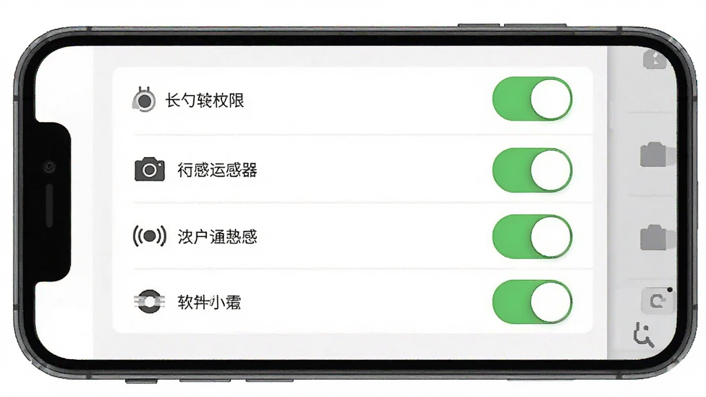 长勺软件权限设置界面示意图,画面中手机屏幕显示权限管理页面,有相机、传感器等开关,布局采用上下结构,风格简洁,细节上开关状态清晰,画质清晰干净,无多余元素