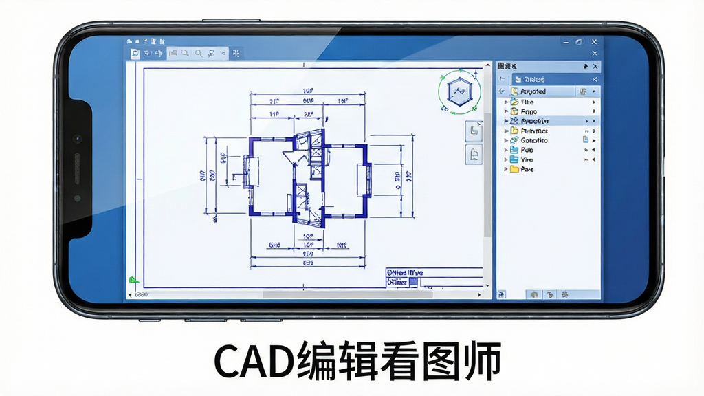 一张手机屏幕正面展示CAD编辑看图师软件界面的产品图,主体为一部竖屏智能手机,屏幕内显示蓝白配色的CAD图纸查看界面,图纸上有清晰的线条、尺寸标注和图层列表侧边栏,手机下方有