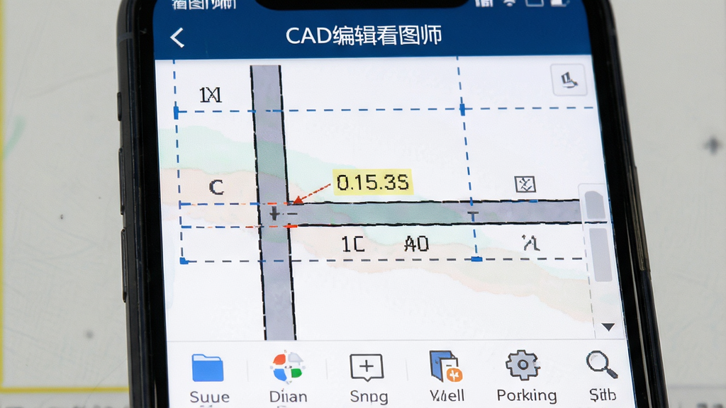 CAD编辑看图师软件界面特写,展示测量工具正在测量一段墙体距离,屏幕上显示测量数值和虚线标注,界面中有