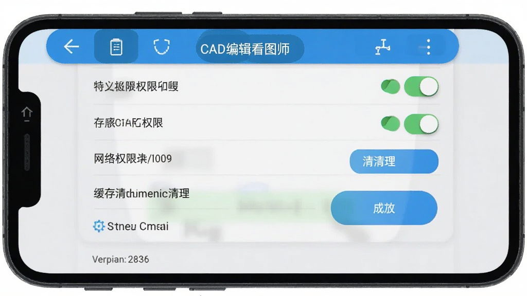 一部手机展示CAD编辑看图师设置界面,屏幕中有存储权限、网络权限、缓存清理等选项,主体为手机界面截图,布局为居中构图,风格为工具类应用设置页,细节包含权限开关、清理按钮、版本号显示,画质清晰,干净,无多余元素