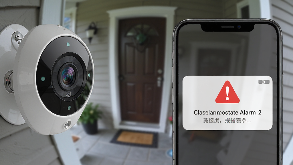 大米看家移动侦测报警示意图,手机弹出报警通知,画面中有一个红色警示图标,背景为家庭门口监控画面,风格写实科技感,细节清晰,画质高清,干净无多余元素