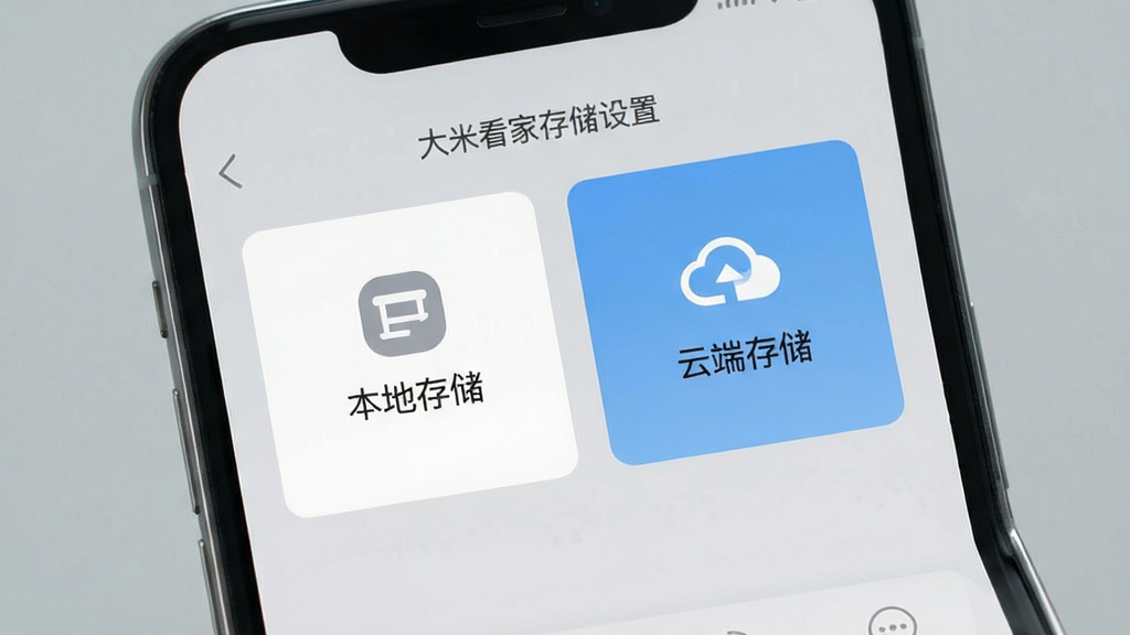 大米看家存储设置界面,手机屏幕显示“本地存储”与“云端存储”两个选项卡片,背景为简洁灰色调,风格商务简约,布局清晰,画质高清,干净无多余元素