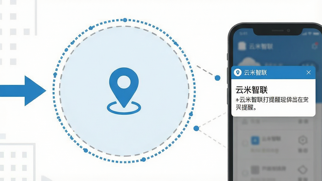 一幅简洁的示意图,画面中央是一个圆形安全区域,区域边缘用虚线标注,区域内部有一个定位图标,区域外部有一个箭头指向外侧。画面右侧展示手机通知弹窗,弹窗中写有“云米智联”字样和提醒文字。整体风格为扁平化信息图,蓝白灰配色,布局清晰,细节适中,画质干净,无多余元素。