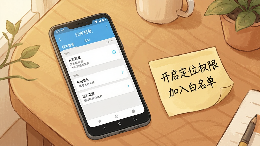 一部安卓手机放置在桌面上,屏幕显示“云米智联”的应用设置页面,页面中可见权限管理、电池优化、通知设置等选项。手机旁边有一张手写风格的便签纸,上面写着“开启定位权限”“加入白名单”等提示字样。整体风格为生活化场景插画,色调温暖,布局自然,细节丰富,画质清晰,无多余元素。