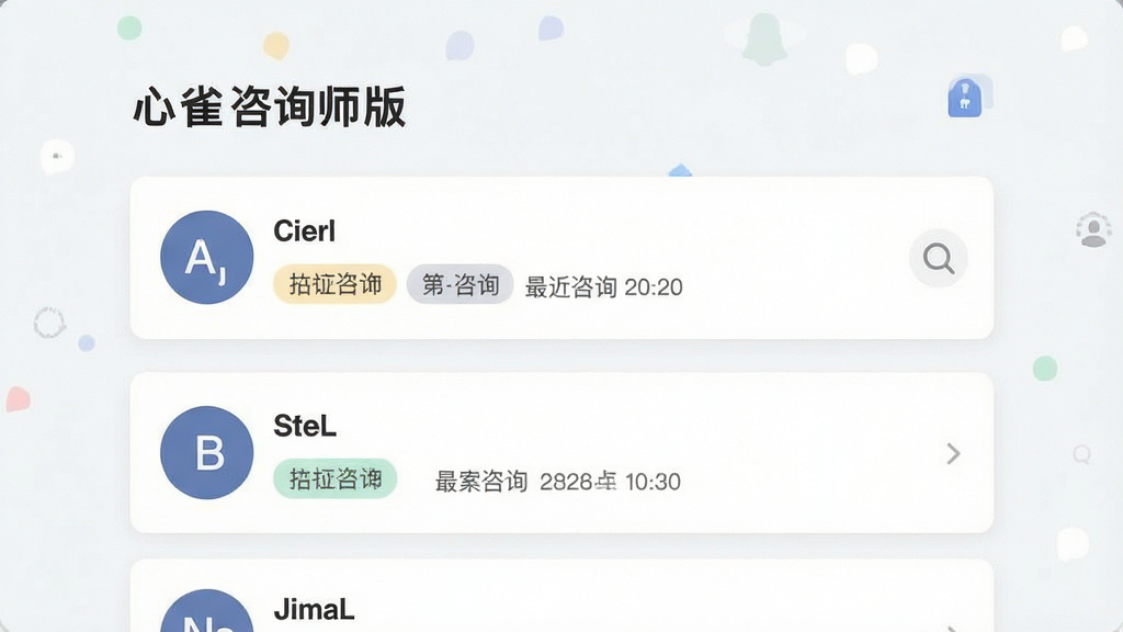 一张展示“心雀咨询师版”APP个案档案管理界面的图片,画面中央是来访者档案卡片列表,每张卡片包含姓名首字母头像、标签和最近咨询日期,右侧有搜索图标,整体采用卡片式布局,浅色背景,风格清新专业,细节上体现档案整理和隐私保护的视觉元素,画质清晰干净无多余元素