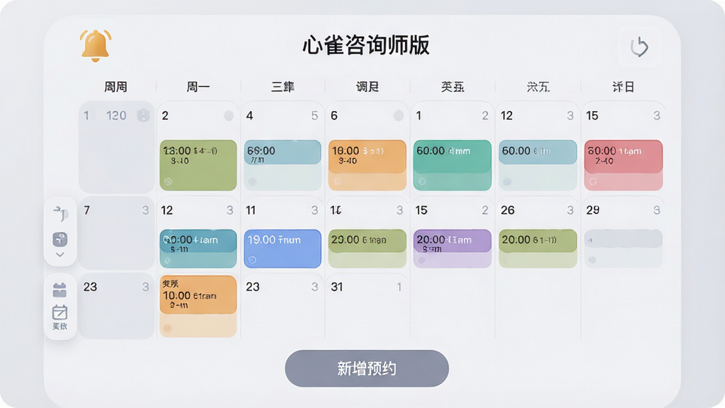 一张展示“心雀咨询师版”APP日程预约界面的图片,画面是一周日历视图,每天格子中标注不同颜色的咨询预约块,顶部有提醒铃铛图标,底部有“新增预约”按钮,整体采用柔和圆角设计,浅灰背景,风格简洁高效,细节上体现时间管理和提醒功能,画质清晰干净无多余元素