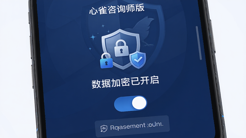 一张展示“心雀咨询师版”APP隐私安全设置界面的图片,画面中央是一个盾牌图标和“数据加密已开启”字样,下方有应用锁开关和隐私政策入口,整体采用深蓝色调,风格稳重安全,细节上体现加密锁和防护盾牌元素,画质清晰干净无多余元素
