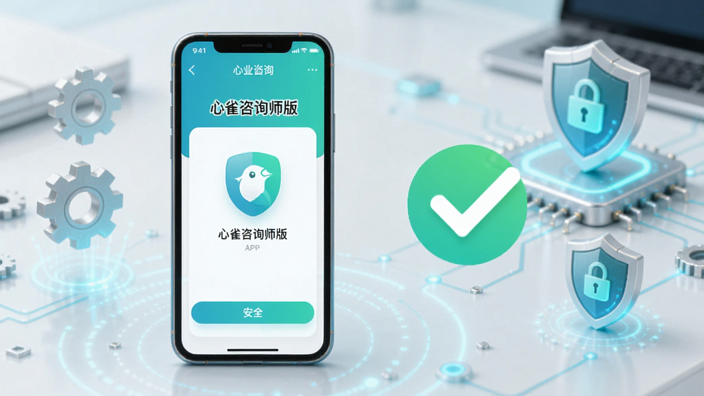 一张展示手机屏幕上“心雀咨询师版”APP运行正常的画面,旁边有对勾图标,背景是简洁的科技风格,画面中包含手机、齿轮、盾牌等元素象征稳定与安全,整体色调为蓝绿色,风格干净利落,画质清晰无多余元素