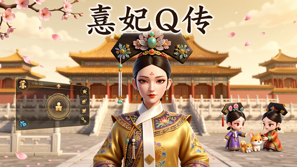 画面中央是一位身着华丽清朝宫廷服饰的女性角色,头戴精致旗头,站在金碧辉煌的宫殿前,身后是层层叠叠的宫阙楼阁与飘落的桃花花瓣,画面左侧漂浮着半透明的游戏界面元素,右侧展示Q版角色与宠物互动的小场景,整体采用唯美古风3D渲染风格,色调以暖金与桃粉为主,细节刻画服饰刺绣与建筑纹理,画质高清干净,无多余元素,图片上方用楷体书写