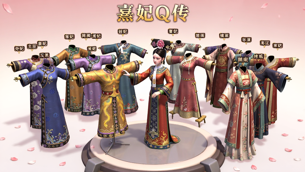 画面展示一位清朝古风女性角色站在圆形展示台上,四周环绕着数十套不同颜色的华丽旗装与汉服,每套服装旁有悬浮的标签标注名称,背景为淡粉色渐变,地面有花瓣散落,角色正伸手触碰一件金色的凤袍,整体采用精致的3D游戏渲染风格,服饰纹理清晰可见,光线柔和,画质高清干净,图片顶部用金色字体书写