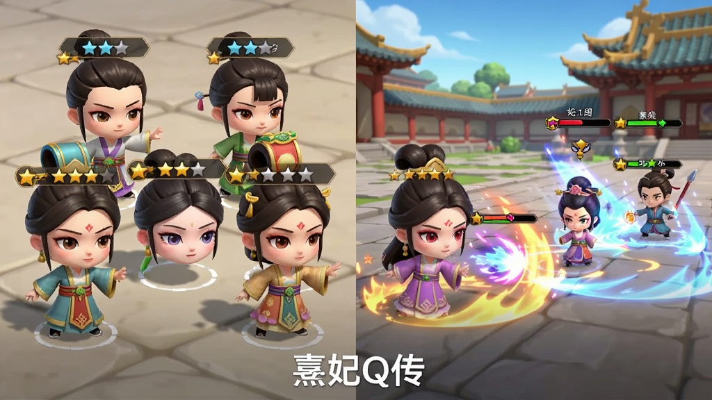 画面分为左右两部分,左侧展示五位Q版古风随从角色排成阵型,每位角色头顶有名字标签与星级,右侧展示战斗场景中技能释放的华丽特效,背景为宫廷庭院,整体采用Q版3D游戏风格,色彩明亮,角色表情生动,画质高清干净,图片下方用白色字体书写