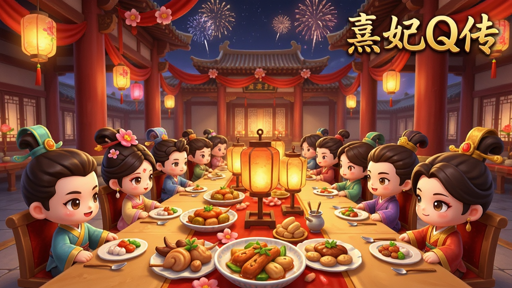 画面展示一个热闹的宫廷宴会场景,多位Q版古风角色围坐在长桌旁,桌上有精致菜肴与灯笼装饰,背景是挂满红绸与花灯的宫殿,天空中有烟花绽放,整体采用Q版3D游戏风格,色调喜庆温暖,细节丰富,画质高清干净,图片右上角用金色字体书写