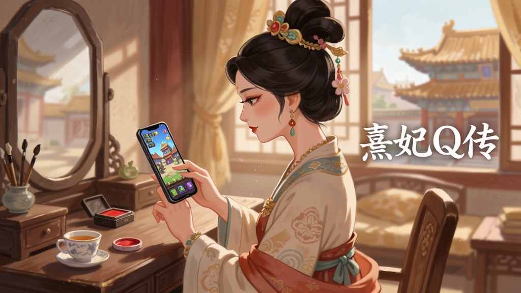 画面展示一位古风女性角色坐在梳妆台前,手持手机正在操作游戏界面,桌上摆放着茶杯与胭脂盒,背景为温馨的闺房,窗外可见宫廷屋檐,整体采用柔和的古风插画风格,色调温暖,细节丰富,画质高清干净,图片右侧用白色字体书写