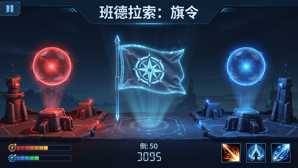 画面主体是一面悬浮在空中的数字旗令,周围环绕着红色与蓝色的阵营光球,布局采用左右对称结构,左侧为红色阵营基地,右侧为蓝色阵营基地,中央是旗令争夺区域,排版上方显示“班德拉索:旗令”文字,风格为未来科技感游戏界面,细节包含旗令发光纹路、资源条、倒计时数字与技能图标,画质超清、干净整洁、无多余元素