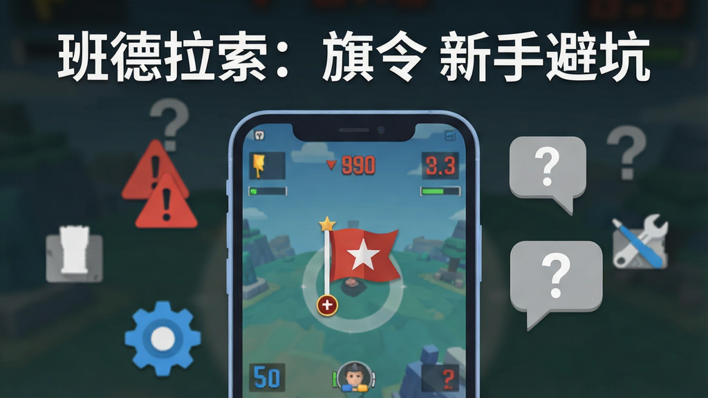 画面主体是一部智能手机,屏幕上显示游戏对战界面与旗令图标,布局为手机居中、周围环绕问号与工具图标,排版上方写“班德拉索:旗令 新手避坑”,风格为扁平化信息图,细节包括红色警告三角、蓝色齿轮、灰色提示气泡与手机边框,画质干净、简洁明了、无多余元素