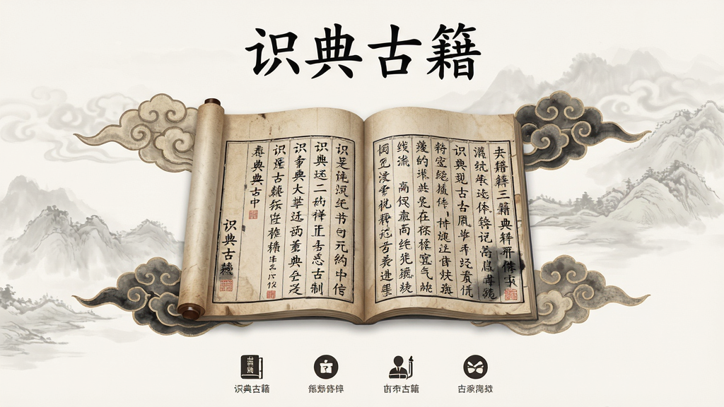 识典古籍应用主界面展示,画面中央是一本展开的古籍书卷,书页上呈现竖排繁体文字,周围环绕着古典祥云纹样与淡雅水墨背景,整体布局为上方应用名称“识典古籍”四个字,下方为功能图标区域,风格采用中国风极简设计,细节上体现书页纹理与墨色浓淡变化,画质高清,干净无多余元素