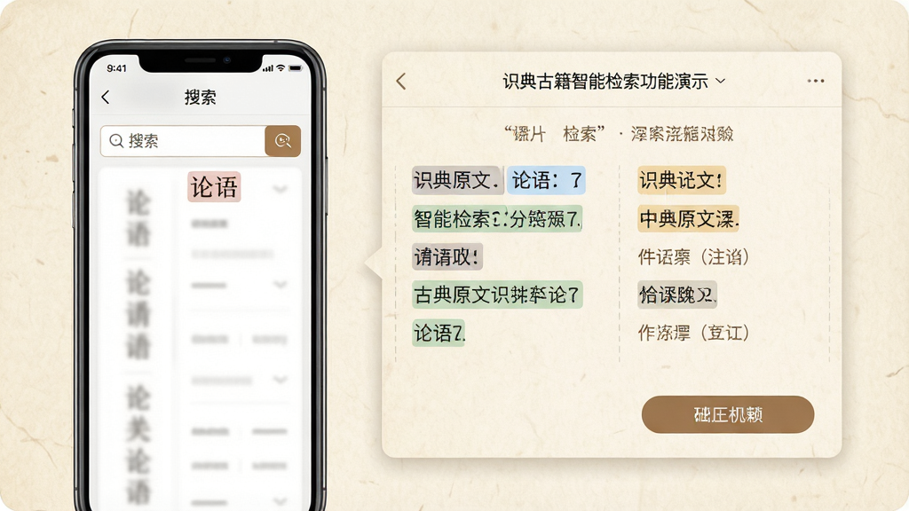 识典古籍智能检索功能演示图,画面左侧为手机屏幕显示搜索框与关键词“论语”,右侧弹出原文与注释对照面板,面板上用不同颜色标注原文与译文,背景为淡雅米黄色纸张纹理,排版清晰展示检索流程,风格简洁现代,细节上体现文字高亮与交互按钮,画质高清,干净无多余元素