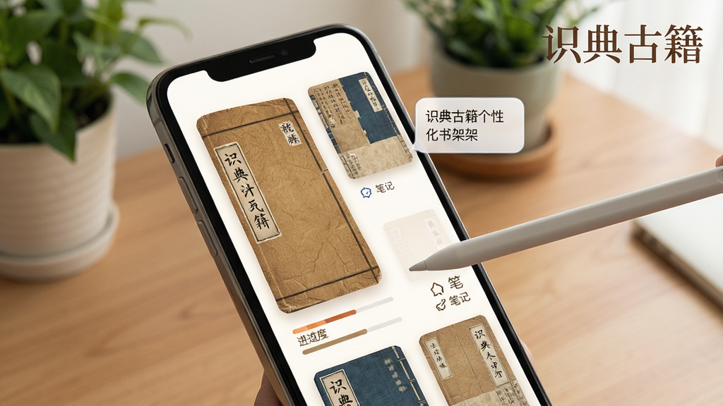 识典古籍个性化书架界面,画面展示一部智能手机屏幕,屏幕上排列着多本古籍封面,每本书下方有进度条与笔记图标,屏幕外有一支触控笔正在点击书籍,背景为木质书桌与绿植,排版上软件名称“识典古籍”以水印形式出现在右上角,风格温馨生活化,细节上体现书籍封面纹理与笔记气泡,画质清晰,干净无多余元素
