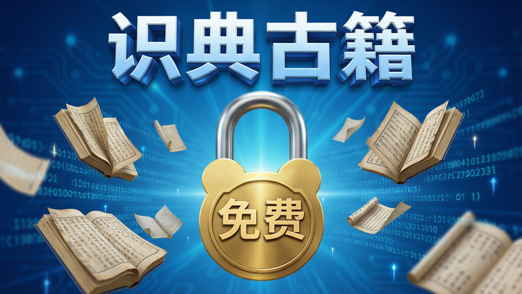识典古籍免费开放宣传图,画面中央为一把打开的金色锁,锁上刻有“免费”二字,周围环绕着飞舞的古籍书页与数字代码,背景为渐变蓝色科技光效,排版上软件名称“识典古籍”以立体字形式出现在顶部,风格现代科技感,细节上体现锁的金属质感与书页的轻盈,画质高清,干净无多余元素