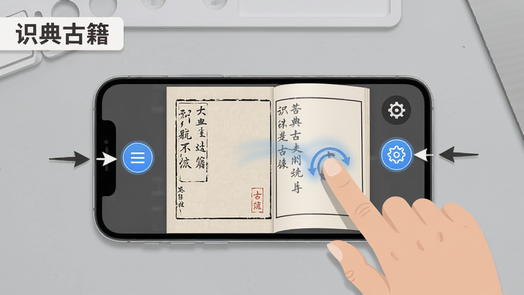 识典古籍移动端阅读操作示意图,画面展示一部手机横屏放置,屏幕上显示古籍阅读界面,手指正在滑动翻页,屏幕旁边有标注箭头指向菜单按钮与设置图标,背景为简洁灰色工作台,排版上软件名称“识典古籍”以标签形式出现在左上角,风格扁平化教学图示,细节上体现手势轨迹与按钮高亮,画质高清,干净无多余元素