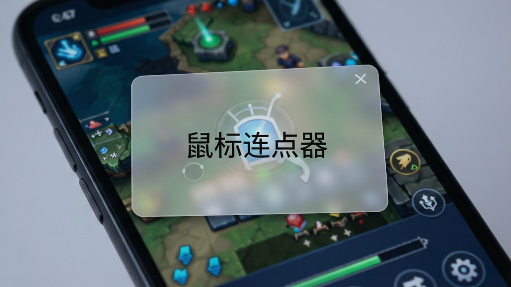 一张展示智能手机屏幕的图片,屏幕中央显示着一个简洁的自动点击工具控制面板,面板上有“鼠标连点器”的文字标识,界面呈现半透明悬浮窗样式,背景是手机游戏或应用界面,整体风格科技感强,画质清晰,光线柔和,无多余元素