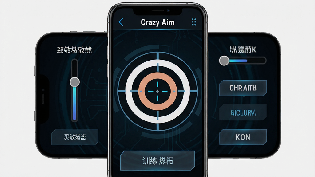 一张手机屏幕展示Crazy Aim应用主界面,画面中央是圆形瞄准靶与准星,背景为深色科技风格,界面四周分布着灵敏度调节滑块和训练模式按钮,屏幕上方显示软件名称