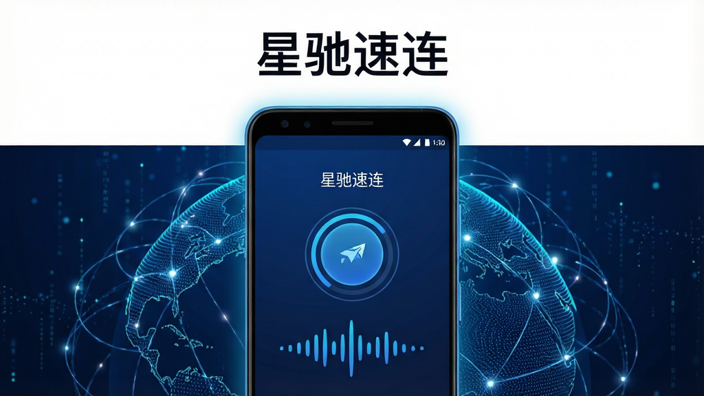 一张以深蓝色科技感为主视觉的手机应用展示图,画面中央放置一部安卓手机,手机屏幕上显示“星驰速连”应用主界面,界面中有圆形加速按钮和网络信号波形图,背景为抽象的地球网络光缆线条,布局采用居中构图,上方留白放置软件名称“星驰速连”,整体风格简洁现代、科技感强,细节上手机边缘有微光渲染,背景有若隐若现的数据流粒子,画质高清、干净、无多余元素