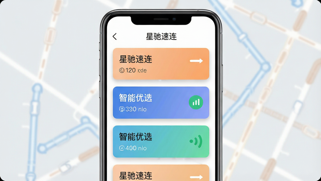 一张展示智能线路选择的界面示意图,画面主体为一部手机屏幕,屏幕上显示“星驰速连”的线路列表界面,多条线路以卡片形式排列,其中一条标注“智能优选”并带有绿色信号图标,布局为竖版手机界面展示,风格为扁平化科技风,细节上卡片带有轻微的阴影和渐变底色,背景为浅灰色,画质清晰、干净、无多余元素